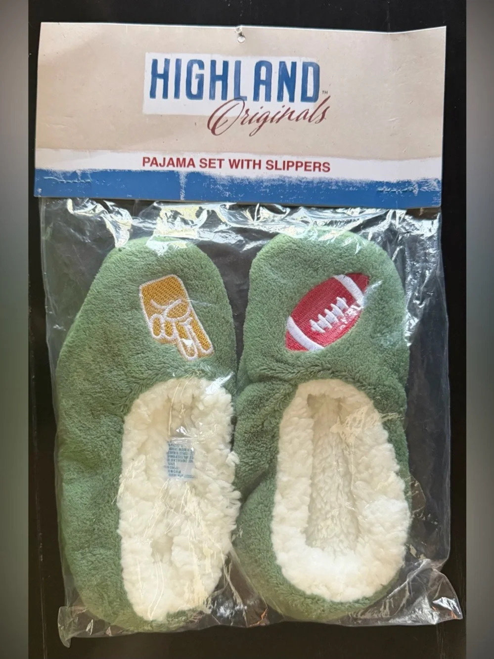 Green Plush Slip-On Slippers with Football and Foam Finger Embroidery